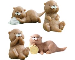 Miniatuur Otter Figuren - 4 Stuks Kleine Otter Speelgoed van Hars voor Taartdecoratie, Sprookjesachtige Tuinaccessoires en Terrarium Decoratie