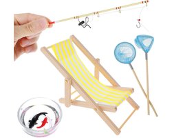 Miniatuur poppenhuis - strandstoel - 5 stuks - 3 stuks - 1:12 houten strandstoel - poppenligstoel - visnet - meubeldecoratie - mini-tuinaccessoires - feestgunst voor binnen en buiten