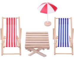 Miniatuur Poppenhuis Strandstoel Set van 4 Stukken 1:12 voor Buiten Decoratie en Accessoires, Dubbele Stoelen, Parasol en Tafel
