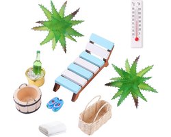 Miniatuur Sauna Accessoires Set - 11-Delige Wellness Deco Accessoires - Spa, Sauna, Wellness Cadeaukaart Idee - Miniatuur Lounger, Handdoek, Houten Ton, Emmer, Kunstplanten - Perfect Voor DIY Landschapsdecoratie En Cadeauverpakkingen