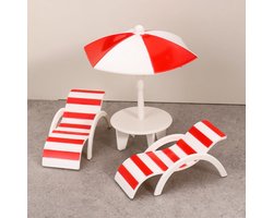 Miniatuur Stranddecoratie met 2 Ligstoelen en 1 Parasol Tafel, Perfect voor Micro Landschappen en Miniatuur Meubels