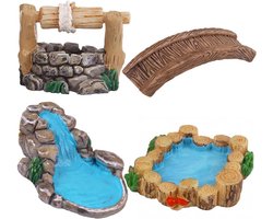 Miniatuur Tuinaccessoires Set van 4: Brug, Waterloop, Vijver en Beeldjes voor DIY Decoratie