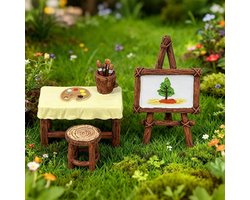 Miniatuur Tuinaccessoires Set voor Poppenhuis - Decoratieve Canvas Tafel en Stoelen, Schattige Landschapsornamenten voor Miniatuurtuin en Poppenhuisdecoratie