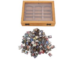 Minibibliotheek - Miniatuur boekenkast - Wandvitrinekast - Hangende vitrinekast - Glazen vitrinekast - Wandvitrinekast - Massief hout - Mini - Inclusief miniatuur (nep)boeken
