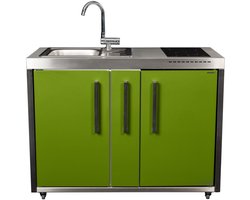 Minikeuken BeNeLux Stengel MO120 A voor gemonteerde metalen outdoorkeuken met koelkast - inductie kookplaat - water en electriciteits aansluiting inclusief alle toebehoren Appel Groen