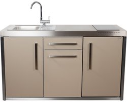 Minikeuken BeNeLux Stengel MO150 S voorgemonteerde metalen outdoor keuken met koelkast - inductie kookplaaat - water en electriciteits aansluiting inclusief alle toebehoren Zand kleur - matt
