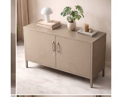 Minimalistische Metalen Dressoir Kast 100x42,5x65 cm – Mobili Bella – Afsluitbare Sideboard Opbergkast met Verstelbare Plank, Stalen Frame, Magneetsluiting & Antislip Voeten – Taupe Mobili Bella