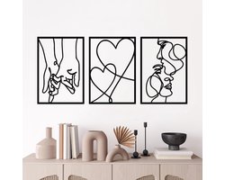 Minimalistische Metalen Wanddecoratie - 3 Delig Harten Ontwerp - Romantisch Wandpaneel voor Slaapkamer, Woonkamer en Tuin - Liefde en Vriendschap Sieraad - Modern Huisdecoratie Accessoire - Zwart