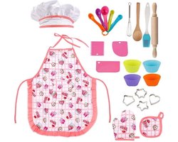MiniMundo Bakset Kinderen - Roze Kinder Basket - 23 Delig bakset - Vaatwasser veilig - Cupcake Vormpjes - Cupcakes - Koekvormpjes - Schort en Kookmuts - Deegroller - Kinder cadeau