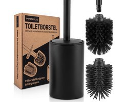 Minismus WC Borstel met Houder - Toiletborstel Vrijstaand - 2 Borstelkoppen Kunststof en Siliconen - Zwart