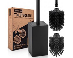 Minismus WC Borstel met Houder Vierkant - Toiletborstel Vrijstaand - 2 Borstelkoppen Kunststof en Siliconen - Zwart