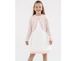 Minora Baby Bolero- Gebreid Meisjesvest - Knoopsluiting - Ronde Hals - Lange Mouwen - Kort Lichaam- Dagelijks En Speciale Gelegenheden-Meisjesmode-Feestjurk-Roze met Hart- 7/8 Jaar-Sinterklaas cadeautjes