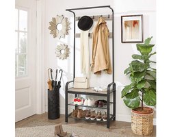 MIRA Home - Garderoberek - Kapstok met zitbank en schoenenrek - Multifuctioneel - Industrieel - Grijs/Zwart- 72x33,7x183