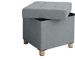 MIRA Home - Opbergkist - Halbank - Opbergbankje - Hout/linnen - Lichtgrijs - 38x38x40