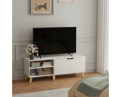 MIRA Home Tv Meubel Wit - Tv Kast met Kleppen en Open Vakken - Verstelbare Plank - 140 x 40 x 50 cm