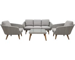 Mire Loungeset – 4-delige Tuinset – Wicker & Acaciahout – Grijs/Naturel – Inclusief Tafel, Bank en Stoelen