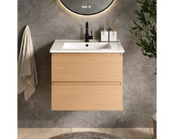 Mirlux Badkamermeubel Licht Eiken 60cm - Wastafel met Wit Oppervlak - Badmeubel - Zwevende Wastafelkast