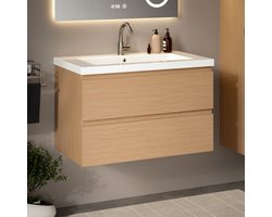 Mirlux Badkamermeubel Licht Eiken 80 cm - Wastafel Wit - Badmeubel set - Wastafelmeubel Licht Eiken