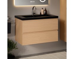 Mirlux Badkamermeubel Licht Eiken 80 cm - Wastafel Zwart - Badmeubel set - Wastafelmeubel Licht Eiken