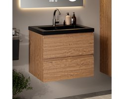 Mirlux Badkamermeubel Warm Eiken 60 cm - Wastafel Zwart - Badmeubel set - Wastafelmeubel Warm Eiken