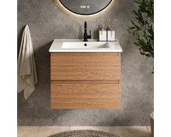 Mirlux Badkamermeubel Warm Eiken 60cm - Wastafel met Wit Oppervlak - Badmeubel - Zwevende Wastafelkast