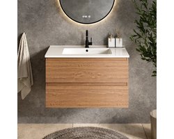 Mirlux Badkamermeubel Warm Eiken 80cm - Wastafel met Wit Oppervlak - Badmeubel - Zwevende Wastafelkast