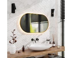 Mirlux Badkamerspiegel met LED Verlichting 90x50 Ovaal - 3 Lichtkleuren - Anti Condens Wandspiegel - Goud