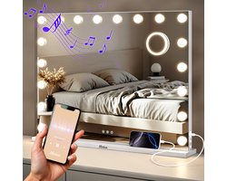 Mirlux Grote Hollywood Spiegel 80x60CM - 2 Bluetooth Speakers - USB & USB-C Oplaadporten - LED Verlichting - Make Up Spiegel - 10x Zoom - Ophangbaar - Wit