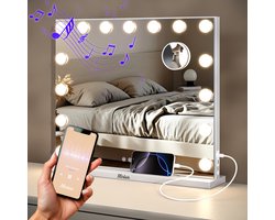 Mirlux Hollywood Spiegel 58x48CM – Bluetooth Spiegel met 2 Luidsprekers – Make Up Spiegel met Verlichting – 15x LED Lampen – 3 Lichtstanden – 10x Vergroting – Hollywood Spiegel met USB & USB-C – Luxe Witte Make-Up Spiegel voor Kaptafel of Badkamer