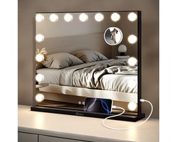 Mirlux Hollywood Spiegel 58x48CM - USB & USB-C oplaadpoort - 10x Zoom - 3 Dimbare lichtstanden - Make Up Spiegel - LED Verlichting - Ophangbaar - Zwart