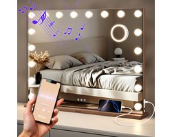 Mirlux Hollywood Spiegel 80x60CM - 2 Bluetooth Speakers - USB & USB-C oplaadpoorten - LED Verlichting - Make Up Spiegel - 10x Zoom - Rosé Goud