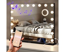 Mirlux Hollywood Spiegel 80x60CM - 2 Bluetooth Speakers - USB & USB-C Oplaadpoorten - LED Verlichting - Make Up Spiegels - 10x Zoom - Zwart