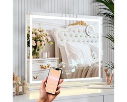 Mirlux Hollywood Spiegel 80x60CM - 2 Bluetooth Speakers - USB & USB-C Oplaadporten - LED Verlichting - Make Up Spiegel - 10x Zoom - Ophangbaar - Wit