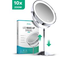Mirlux Luxe Make-upspiegel met LED-verlichting - 10x Vergroting - Verstelbaar & Oplaadbaar - 3 Lichtstanden - Chroom - Make-upspiegel - Spiegel met LED-licht
