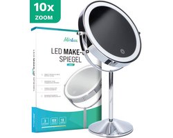 Mirlux Make Up Spiegel met LED Verlichting - 10x Vergroting Licht – Scheerspiegel Klein Op Voet - 3 Lichtstanden - Oplaadbaar - Vergrootspiegel Chroom