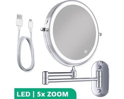 Mirlux Make Up Spiegel met Led Verlichting - Oplaadbaar - 5X Vergroting - Vergrootspiegel met Licht - Scheerspiegel - Badkamerspiegel - Chroom