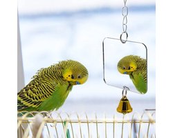 Mirror Acrylic Parrot Mirror with Rope Rod and Bell - Hanging Parakeet Toy for Parakeets, Parrots, Cockatiels