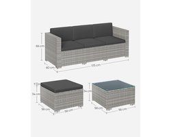 Miryx Tuinmeubelset - Terrasmeubilair - Hoekbank voor Buiten - Met salontafel - 7 Kussens - Glazen tafelblad - Grijs