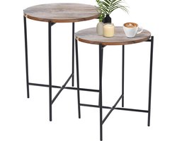 MISOU Bijzettafel - Salontafel - Set van 2 - Metaal met Acacia Hout - 40X48CM - Bijzettafeltje