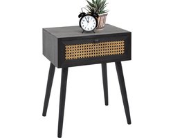 MISOU Nachtkastje - Met Lade - Rotan - Webbing - Hout - Zwart - HANNAH
