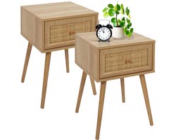 MISOU Nachtkastje - Met Lade - Set van 2 - Rotan - Webbing - Hout