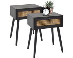 MISOU Nachtkastje - Met Lade - Set van 2 - Rotan - Webbing - Hout - Zwart
