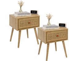 MISOU Nachtkastjes - Met Lade - Set van 2 - Rotan - Webbing - Hout - BALI - HANNAH