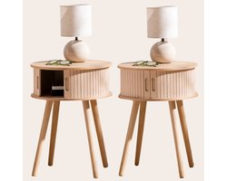 MISOU Nachtkastjes set van 2 - met Deuren - 40x40x54cm - Nachtkastje Hout Beige - Rond - Bedside Table - JULIET