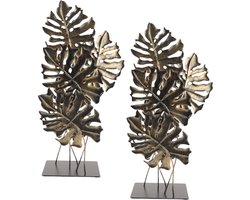 MISOU Ornament op Voet - voor Binnen - op Standaard - 2 stuks - Vensterbank Decoratie - Monstera - Goud - 57cm - Metaal