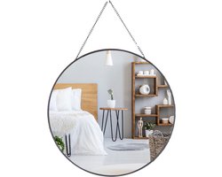 MISOU Spiegel - Rond - Glas met Ophangketting - Modern - Zwart - 29 cm - Glas - Wandspiegel - Badkamer - Wanddecoratie - Miroir Mural - SIENNA