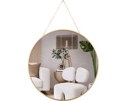 MISOU Spiegel - Rond - met Ophangketting - Wandspiegel - Goud - Diameter 29 cm - Glas - Wanddecoratie - Miroir Mural