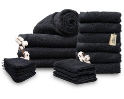 Miss Towels - Familieset - Zwart - 5 Sterren Hotelkwaliteit Handdoeken - Badlakens - Gastendoekjes - Washandjes - 6+4+4+6 stuks - Made in Portugal