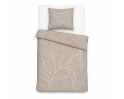 Mistral Dekbedovertrek - 140x200 cm - Taupe met Bladeren Print – Eenpersoons Dekbedovertrek van 100% Gewassen Katoen – Zacht, Ademend en Comfortabel Beddengoed – Inclusief 1 Katoenen Kussensloop – Luxe Taupe Bedtextiel voor Slaapkamer