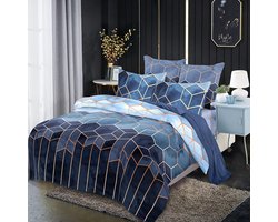 Mitchell Beddengoed, 135 x 200 cm, 4-delig, blauw, geruit, marmer, omkeerbaar beddengoed, geometrische moderne microvezel, 2 dekbedovertrekken met ritssluiting en 2 kussenslopen 80 x 80 cm